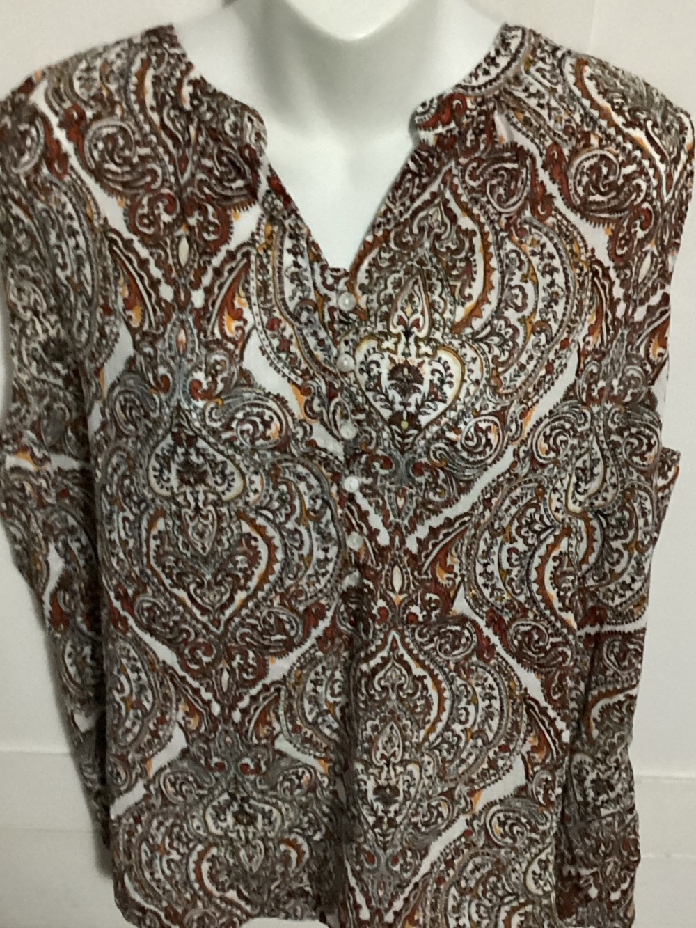 Liz Claiborne Brown and Cream Paisley V-Neck Button Blouse